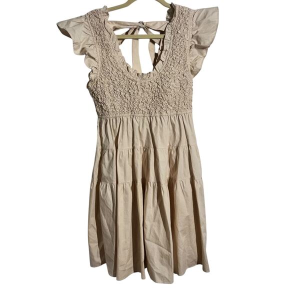 En Saison Dress Women M Cream Smocked Ruffled Mini Ruffle Tiered Cottage Cotton - Picture 1 of 10